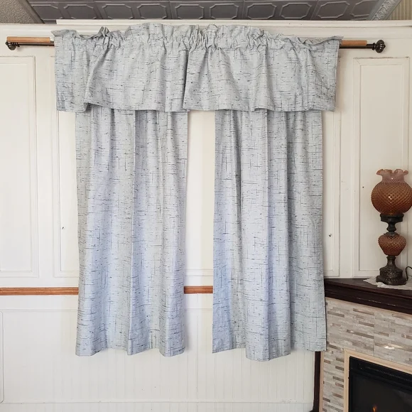Sears Drapes 48W x 62L Tweed Print Pinch Pleat Curtains Blue VTG 50s 60s NEW